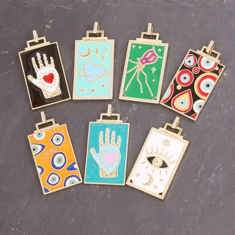 Rechteckige Anhänger Halskette Kupfer Emaille Böser Blick Mond Stern Hamsa Hand Tarot Stil Schmuck Für Frauen