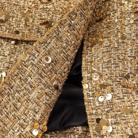Women Golden Sequin Tweed Cropped Jacket Elegant Vintage Long Sleeve Button Down Outerwear Solid Shiny Luxury Coat