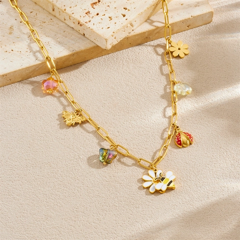 Mode Biene Blume Marienkäfer Schmetterling Anhänger Halskette Armband Und Ohrringe Edelstahl Emaille Schmuck Für Damen
