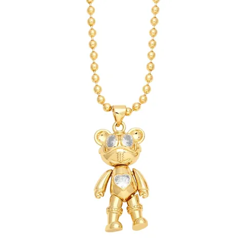 Cute Bear Pendant Necklace Copper Gold Plated With Zircon Heart Hollow Colorful Gems Hip Hop Jewelry For Women