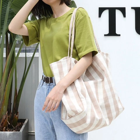 Canvas Tote Bag Large Capacity Grid Stripe Pattern Casual Shoulder Handbag Korean Style Shopping For Women