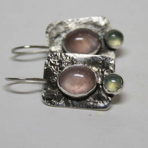 Vintage Handmade Drop Earrings Hammered Metal Alloy Oval Pink Rose Quartz Green Cat's Eye Stone Geometric Jewelry For Women