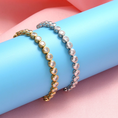 Round Cubic Zirconia Adjustable Bracelet Brass Tennis Style For Women Elegant Fashion Jewelry