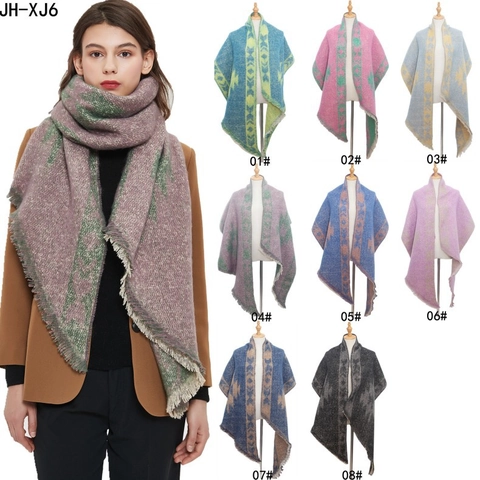 Sciarpa Invernale Lunga Spessa Calda Scialle Poliestere Jacquard Motivo Geometrico Etnico Nappine Morbido Accessorio Donne