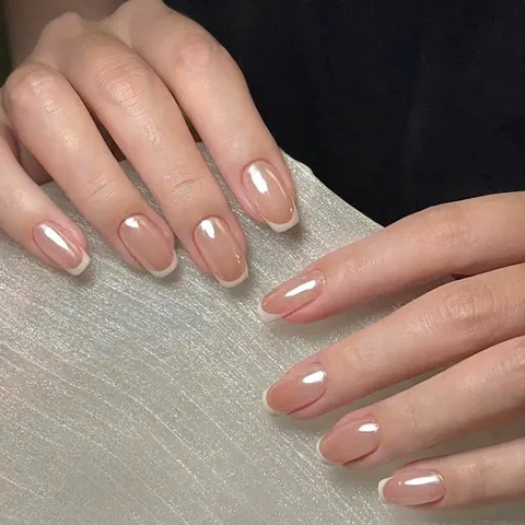 French Tip Press On Nails Squoval Nude Pink Glänzend Künstlich Abnehmbar Falsche Nägel Full Cover Maniküre Für Frauen Stil