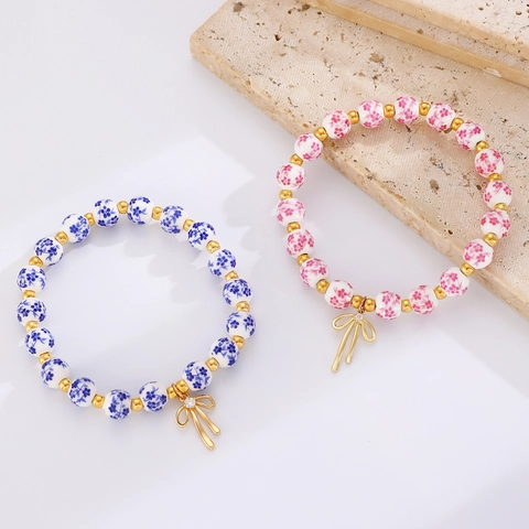 New Chinese Blue White Ceramic Beaded Bracelet For Women Alloy Bowknot Cross Heart Pendant Floral Porcelain Jewelry Gift