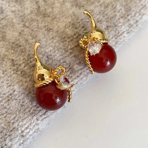 Gourd Stud Earrings Alloy With Silver Earring Post Gold Plated Cubic Zirconia Vintage Chinese Style For Women