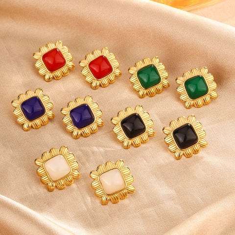Vintage 18K Gold Plated Stainless Steel Square Stud Earrings Retro Geometric Resin Pattern Earrings For Women Jewelry Gift