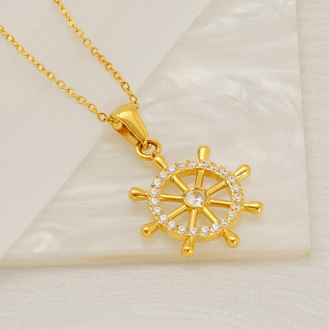 Collana Pendente Bussola Timone Nautico Acciaio Inossidabile Placcato Oro 18K Strass Gioielli Retro Per Donne