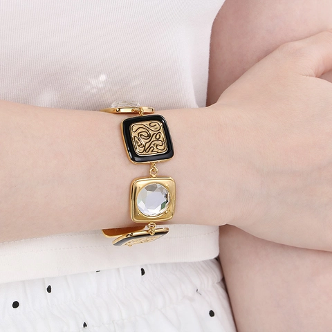 Vintage Geometric Stainless Steel Bracelet For Women Gold Silver Plated Square Glass Inlaid Enamel Totem Link Bracelet Jewelry