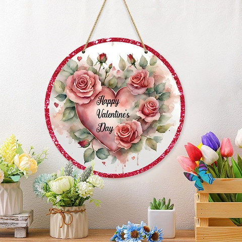 Letrero de Bienvenida de Madera para San Valentín Patrón Rosa Corazón Redondo Rústico Decoración de Pared Puerta Colgante Ornamento