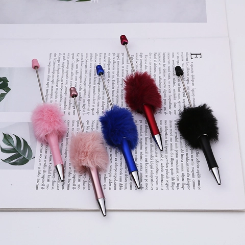 Creative Plush Ball Ballpoint Pen DIY Beaded Fluffy Faux Fur Rotating Pen Office School Stationery Macaron Colors