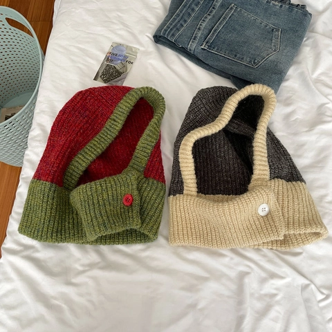 Gorro Balaclava de Punto Estilo Coreano Bloque de Color Gorra de Lana Imitación Cachemira Calentador de Cuello Integrado Mujer Invierno