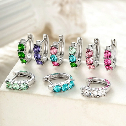 Small Huggie Hoop Earrings Silver Plated Copper With Colorful Round Cubic Zirconia Three Stone Dopamine Style For Women