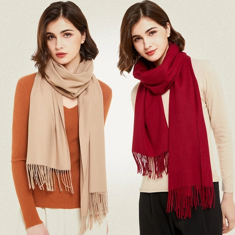 Solid Color Winter Scarf Warm Thick Cotton Polyester Blend Cashmere-Feel Tassel Shawl For Women Men Long Wrap