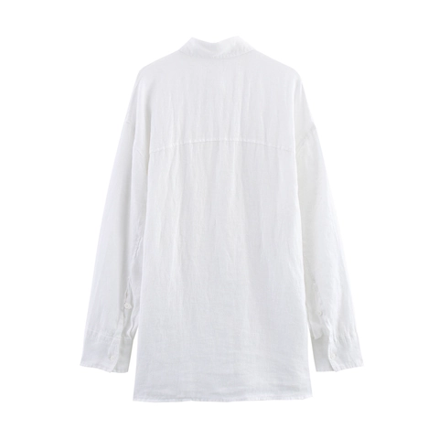 Damen Elegant Weiß Leinen Langarm Hemd Verstellbarer Kordelzug Taille Einreihig Umlegekragen Lässig Büro Bluse