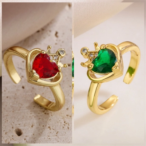 Bague Ouverte Élégante Coeur Couronne Pour Femme Cuivre Plaqué Or Avec Zircon Micro Incrusté Bijoux De Mode Réglables