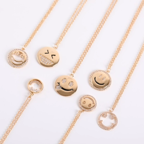 Brass Gold Plated Smile Face Pendant Necklace With Zircon Micro Pave Dainty Fashion Jewelry For Women
