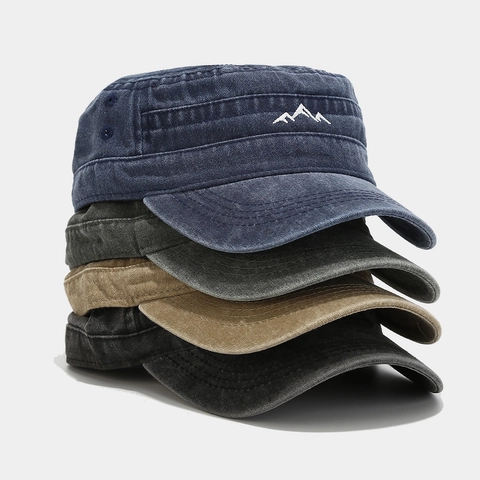 Vintage Cadet Cap Aus Gewaschener Baumwolle Mit Bergstickerei Verstellbare Flache Militärmütze Für Herren Und Damen