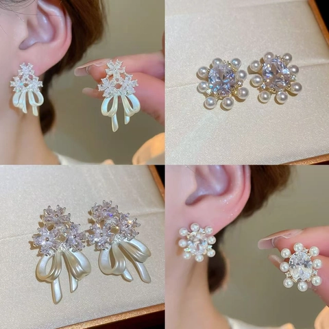 Pendientes De Botón Con Lazo De Flores Con Circón Perla Artificial De Imitación Y Poste De Plata Esterlina 925 Elegante Moda Para Mujeres