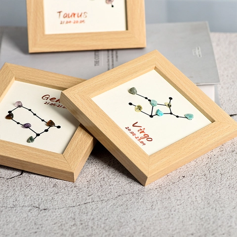 Zodiac Constellation Tabletop Photo Frame Natural Crystal Stone Wood Decor Horoscope Desktop Ornament Housewarming Gift