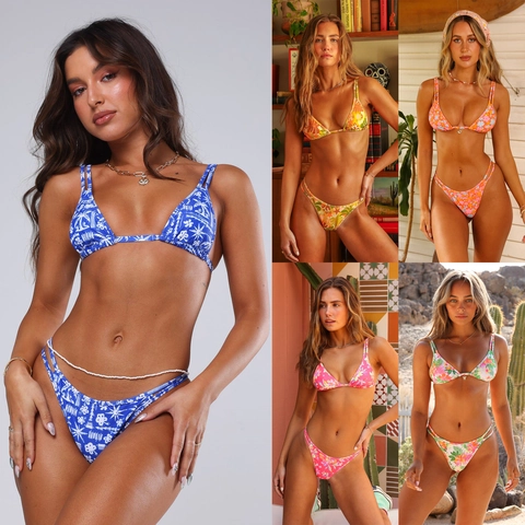 Women Bikini Set Two Piece Swimsuit Floral Tropical Print High Cut Triangle Top Beachwear Vacation Sexy Polyester