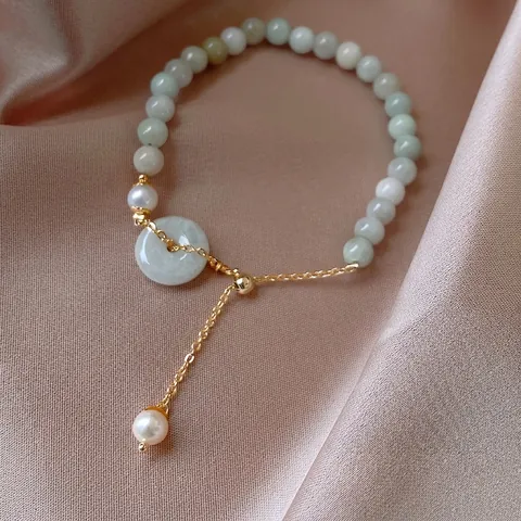 Beaded Bracelet With Light Green Jade Like Beads Artificial Pearl And Ping An Buckle Pendant Adjustable Gold Copper Chain Elegant
