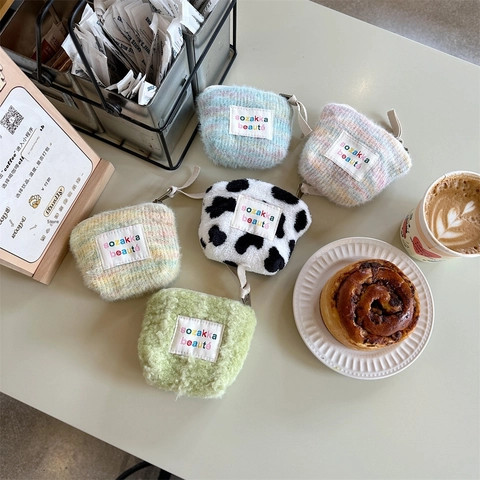 Mini Plush Cosmetic Bag Small Makeup Pouch Portable Zipper Coin Purse For Lipstick Earphones Knitted Stripe Cow Pattern