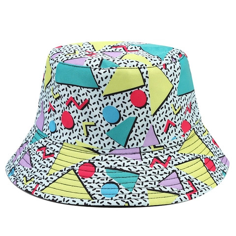 Vintage Geometric Print Polyester Bucket Hat Reversible Sun Protection Outdoor Fisherman Cap For Women Men