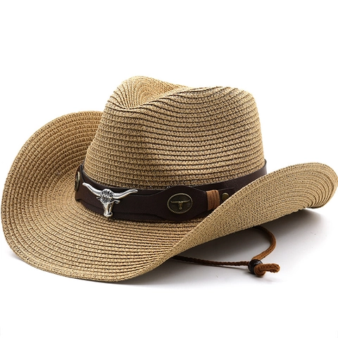 Western Cowboy Straw Hat Women Wide Brim Sun Protection Paper Straw Retro Bull Head Decoration Adjustable Wind Rope