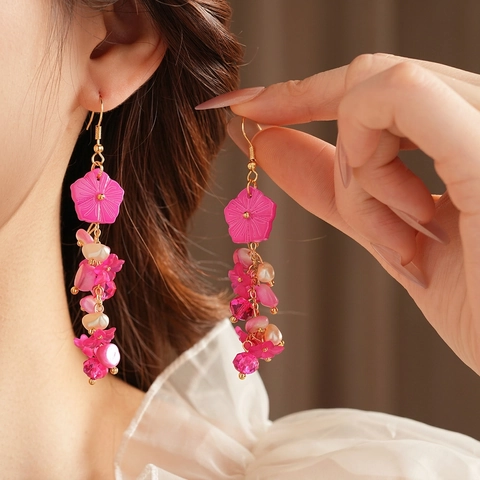 Pendientes Largos De Flor Concha Perla Artificial De Imitación Borla Con Poste De Plata Esterlina 925 Para Mujer Estilo Dulce Vacaciones