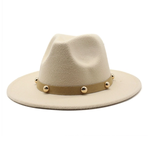 Classic Fedora Hat Cotton Polyester Blend Retro Jazz Style With Gold Metal Rivet Belt Wide Flat Brim Unisex