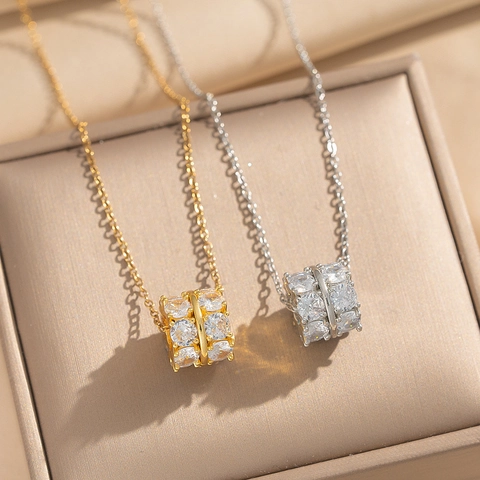 Stainless Steel Cylindrical Pendant Necklace With Zircon 18K Gold Plated Luxury Fashion Jewelry For Women