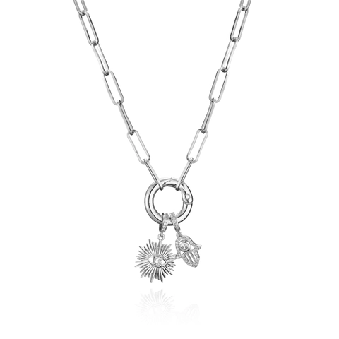 Micro Zircon Hamsa Hand Evil Eye Pendant Necklace Copper Paperclip Chain Spring Ring Clasp Amulet Jewelry For Women