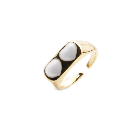Doppel Herz Offener Ring Kupfer Vergoldet Emaille Zirkon Verstellbar Mode Schmuck Für Damen
