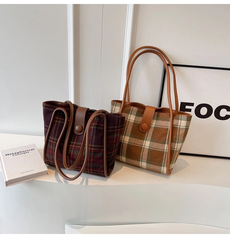 Bolso Tote De Lana A Cuadros Retro Gran Capacidad Otoño Invierno Bolso De Hombro Con Correa De Cuero PU