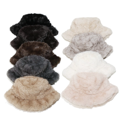Women Winter Faux Fur Bucket Hat Thickened Warm Fleece Lining Windproof Fisherman Hat Solid Color Outdoor Casual Hat