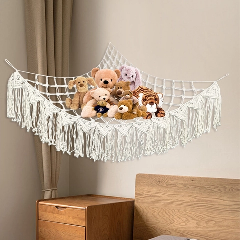 Boho Macrame Toy Hammock Cotton Hand Woven Corner Hanging Stuffed Animal Storage Net With Tassels For Kids Nursery Room