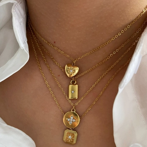 Collana Con Pendente Geometrico In Acciaio Inossidabile 316L Placcato Oro 18K Zirconi Cuore Quadrato Tondo Donna