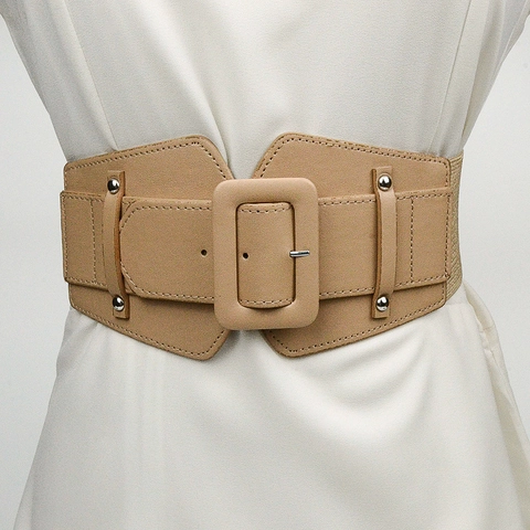 Women Wide Elastic Waist Belt Faux Leather Wrapped Buckle Corset Cinch Belt With Studs For Dresses Coats Fashion Accessories