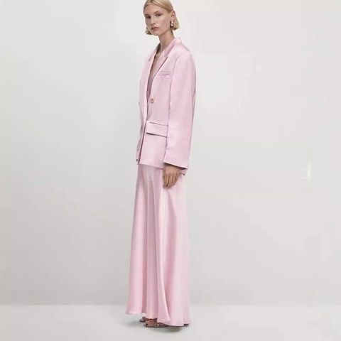 Damen Rosa Satin Zweireiher Blazer Und Eleganter A-Linien-Maxirock Büro Dame Pendeln