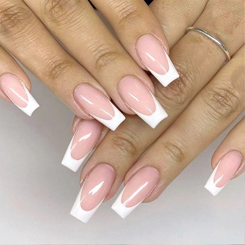Uñas Postizas Press-On Punta Francesa Forma Ataúd Largo Rosa Degradado Blanco Minimalista Brillante Mujer Uso Diario