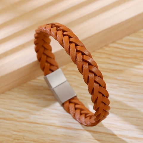 Men Woven Leather Bracelet With Stainless Steel Magnetic Clasp Handmade Casual Fashion Wristband