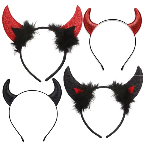 Devil Horn Headband Halloween Glitter Costume Party Headwear With Feather Decorative For Women Kids