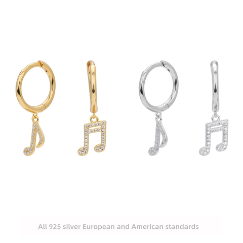 Pendientes Colgantes de Plata de Ley 925 con Forma de Nota Musical Para Mujer Circonia Incrustada Joyería Artística