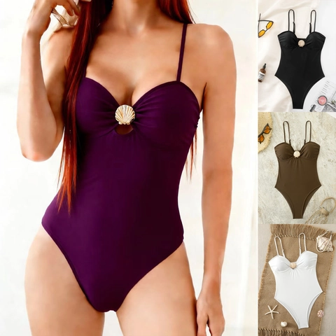Women Sexy Bodysuit Swimsuit Golden Shell Metal Buckle Slim Fit High Cut Solid Color Beachwear Padded