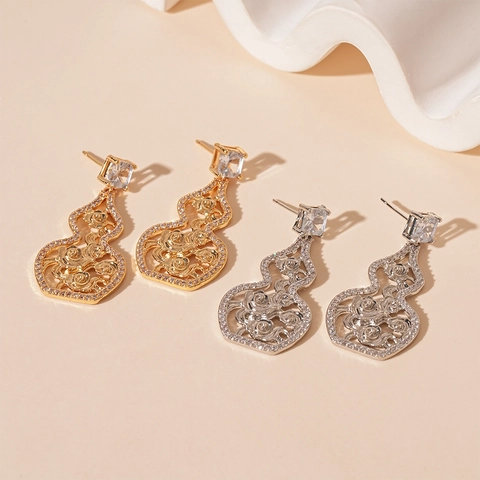 Gourd Hänger Ohrringe Hohle Blume Kupfer Zirkon Mit 925 Sterling Silber Ohrstecker Chinesischer Stil Schmuck Für Damen
