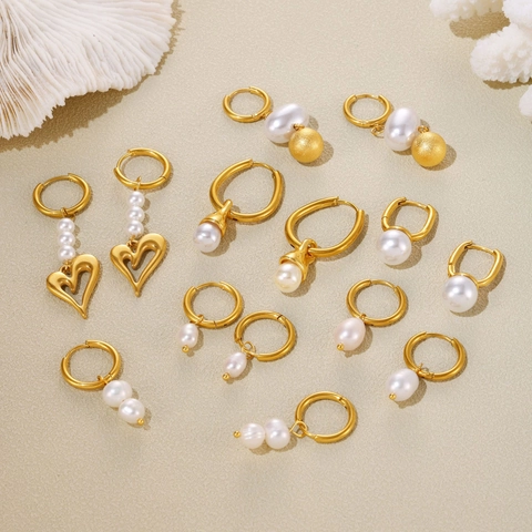 Titanium Steel Artificial Pearl Earrings For Women 18K Gold Plated Geometric Heart Hoop Dangle Minimalist Jewelry