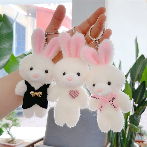 Cute Plush Rabbit Bear Dog Keychain Soft Stuffed Animal Toy Bag Charm For Backpack Accessories Heart Pattern Ribbon Bow