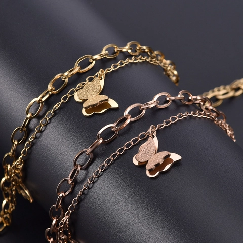 Double Layer Stainless Steel Bracelet With Hollow And Matte Butterfly Charms For Women Adjustable Fashion Jewelry